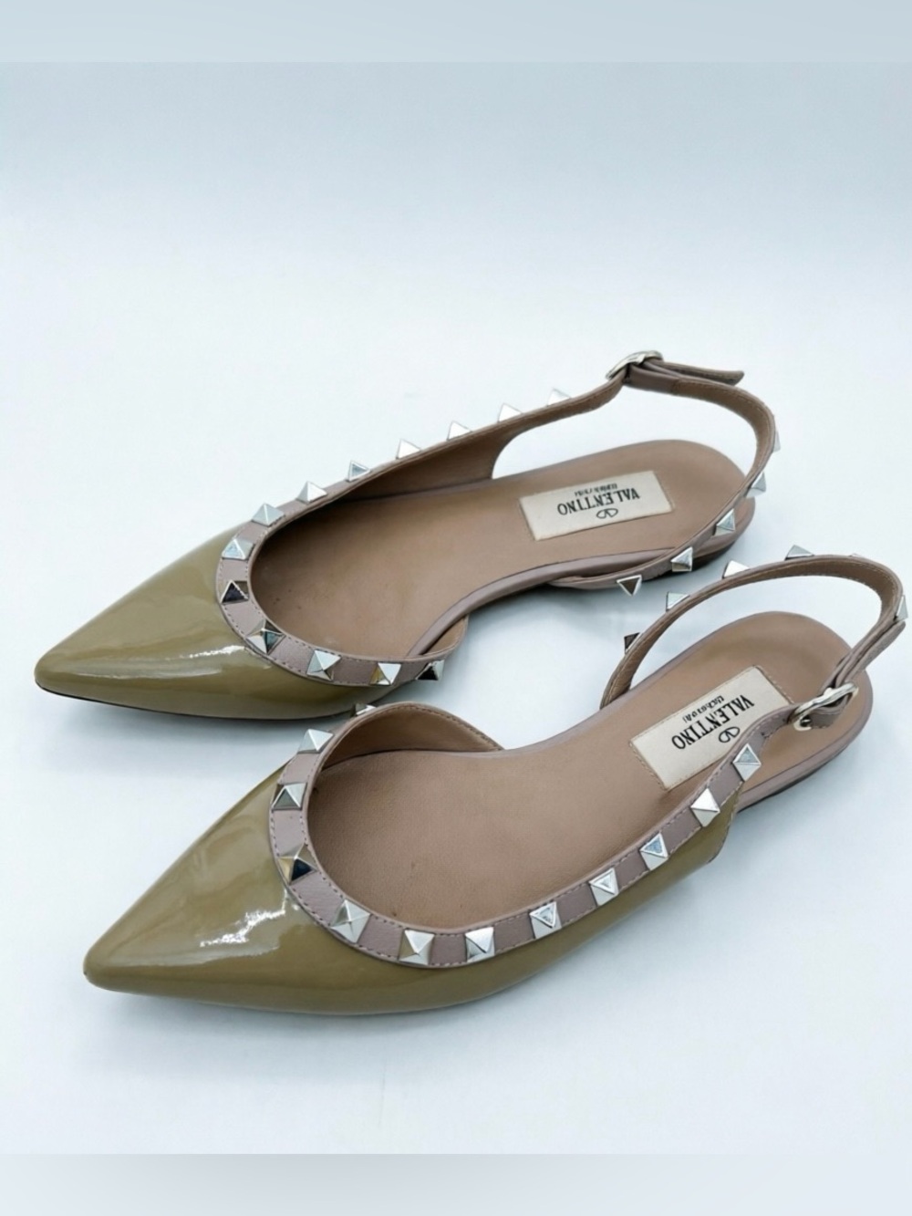 Valentino Olive Patent Leather Rockstud Pointed Slingback Flats